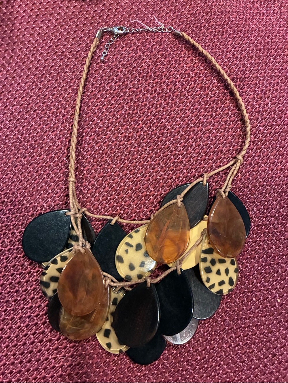 Boho Teardrop Statement Necklace in Amber, Black & Leopard Print